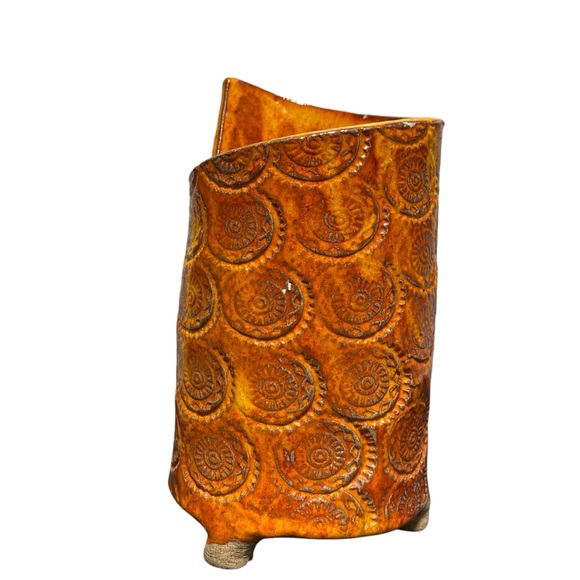 Handcrafted Pottery Vintage Planter Vase Copper Orange Abstract Mandala Pattern - Picture 3 of 13